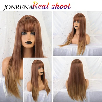 

JONRENAU Women Fashion Synthetic Long Straight Brown Mixed Blonde Hair Wigs with Bangs for Black/White Women