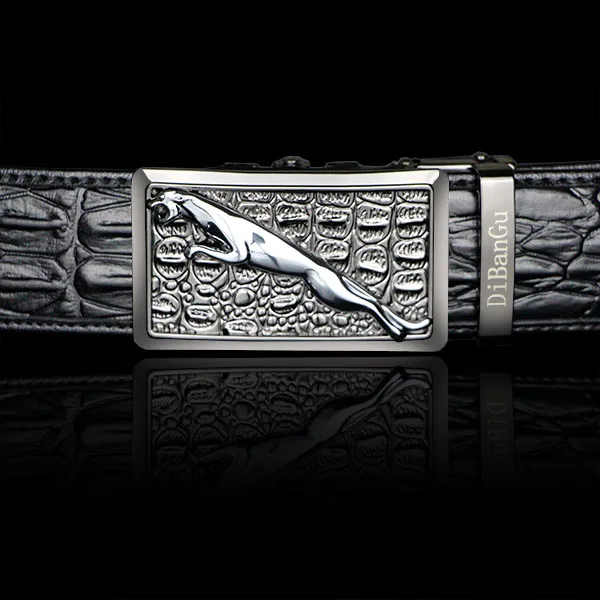 

Barry.Wang Men Leather Belt Slide Ratchet Buckle Automatic Jaguar Letter Buckle Crocodile Waist Strap No Holes Belt for Jeans