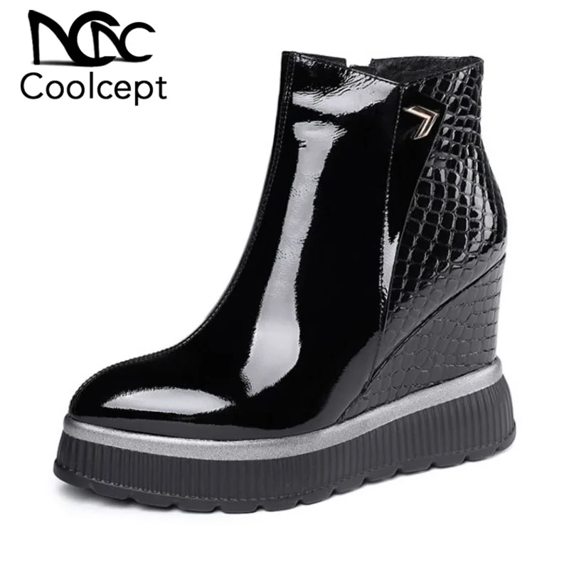 

Coolcept 2020 Simple Winter Women Ankle Boots Genuine Leather Wedges High Heels Shoes Daily Warm Women Footwear Size 34-42