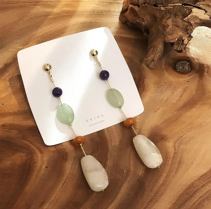 AOMU S925 Sterling Silver Pin New Resin Acrylic Colorful Long Shell Stone Wood Dangle Drop Earrings for Women Girl Jewelry Gift - Окраска металла: C
