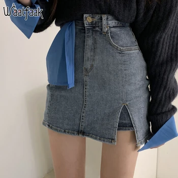 

Waatfaak Ladies Blue Jeans Skirts High Waist Pocket Split A Line Summer Mini Skirt Sexy A Line Denim Skirts Korean Harajuku 2020
