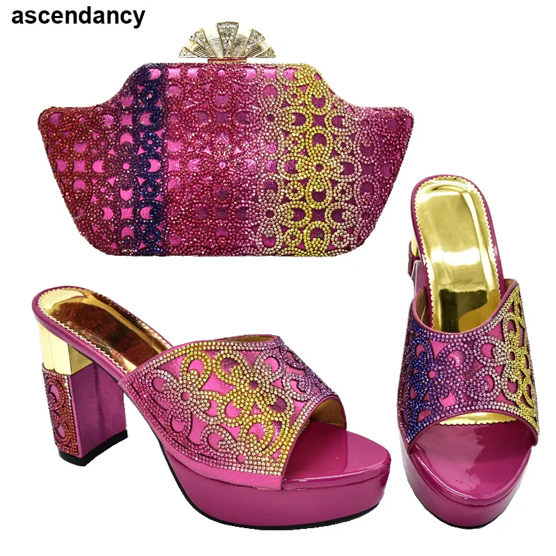

New Arrival African Women Matching Italian Wedding Shoes and Bag Set Decorated with Rhinestone Designer Shoes Women Luxury 2020