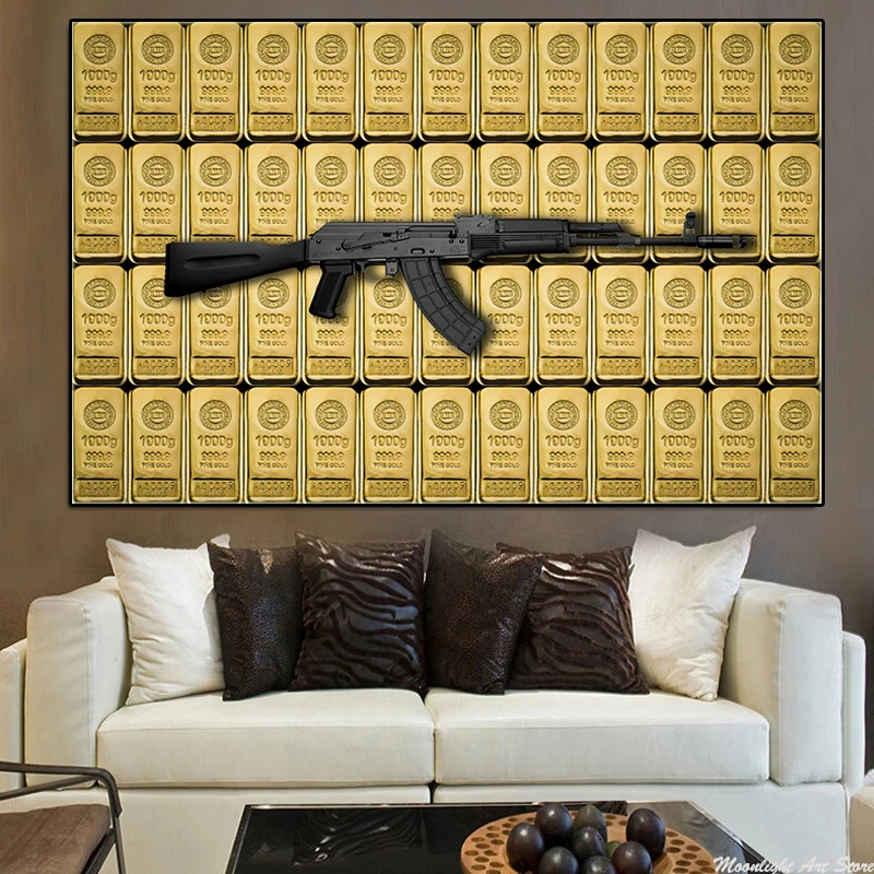 Modern Luxury Gold Gun Poster and Print Wall Art Home Decor Bricks Canvas Painting Picture For Boy Room HD Cuadros | Дом и сад