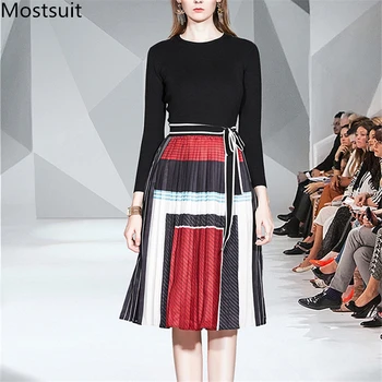 

2020 Spring Fashion Two Piece Sets Outfits Women Short Crop Top Bow Sweater+elastic Waist Pleated Skirt Suits Office Elegant Set