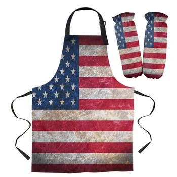 

American Flag Kitchen Aprons Kit Unisex Dinner Party Cooking Bib Funny Pinafore Cleaning Apron Sleeve Baking Gloves