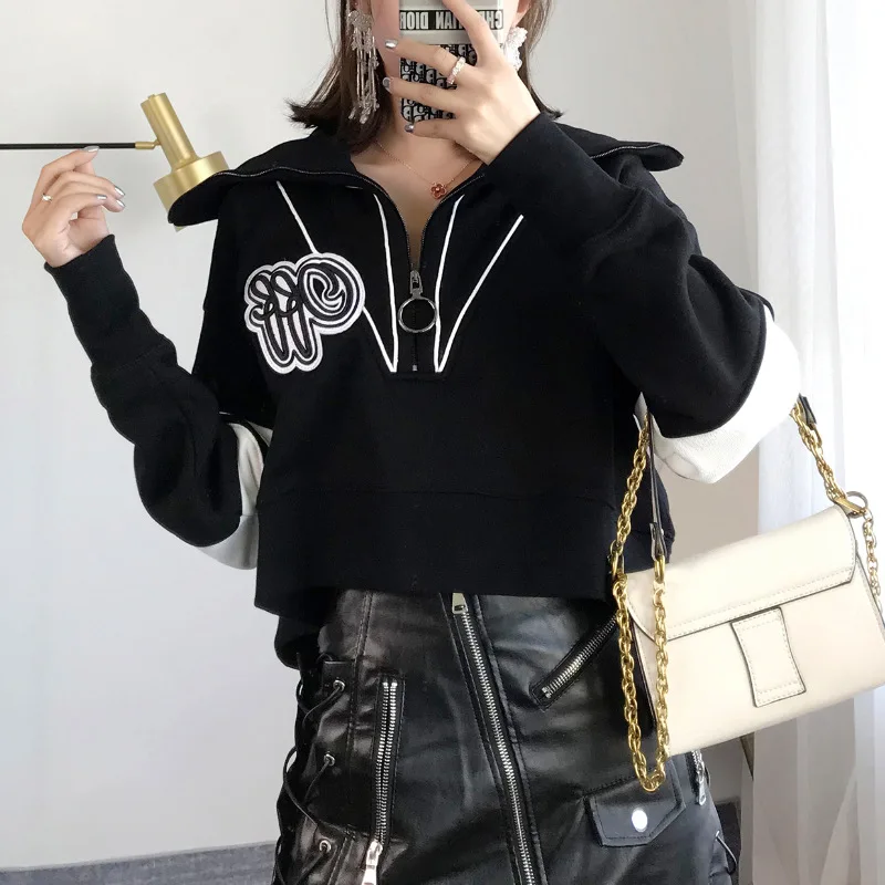 

2019 Autumn/winter New Big Lapel Bump Zipper Short Loose Guard Clothes Lazy Wind Short Black Guard Coat Woman