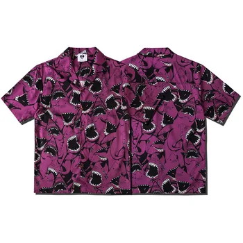 

Men Shirt Men Cool Street Hiphop Loose-Fit Shirt Men Shark Printed Short-sleeved Shirt Men's Printed Shirts
