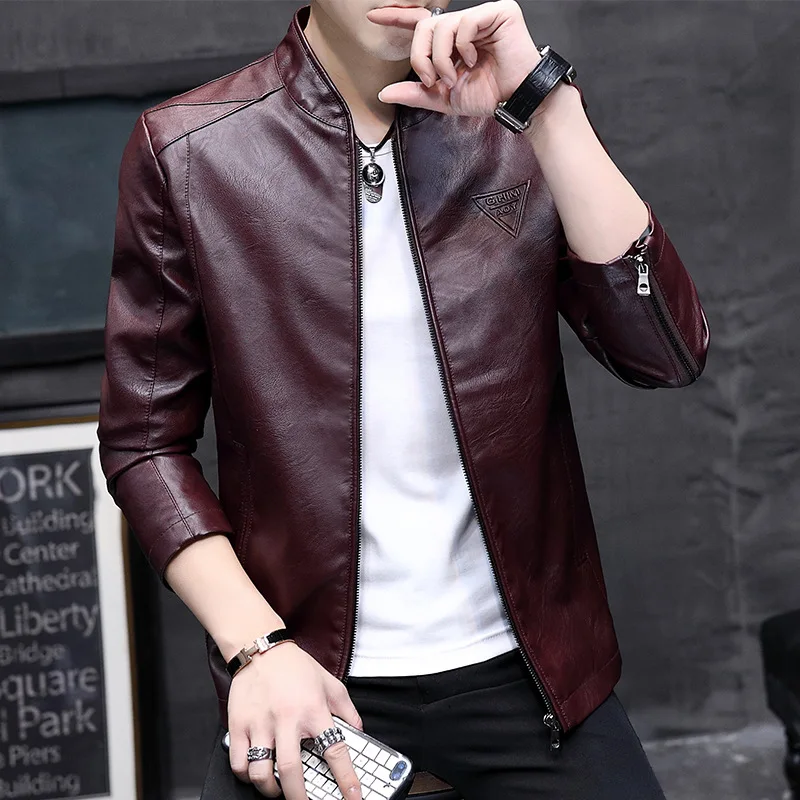 811 Autumn And Winter Hot Selling Locomotive MEN'S Leather Coat Stand Collar Embossed Design MEN'S Leather Jacket