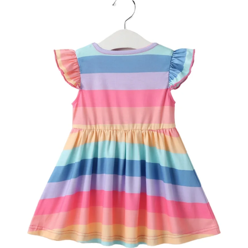 0 3Y Toddler Baby Girl Rainbow Stripes Dress Ruffles Sleeve Cute Sweet