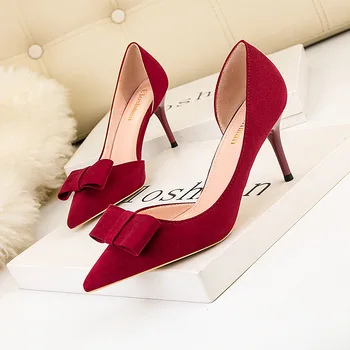 

High Quality spring new letter buckle velvet black high heel women stiletto sexy wild shallow mouth pointed shoes X6X00233