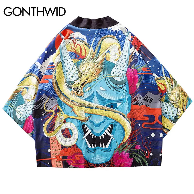 

GONTHWID Japanese Style Devil Dragon Print Kimono Cardigan Shirts Jackets Hip Hop Harajuku Casual Open Front Coats Streetwear