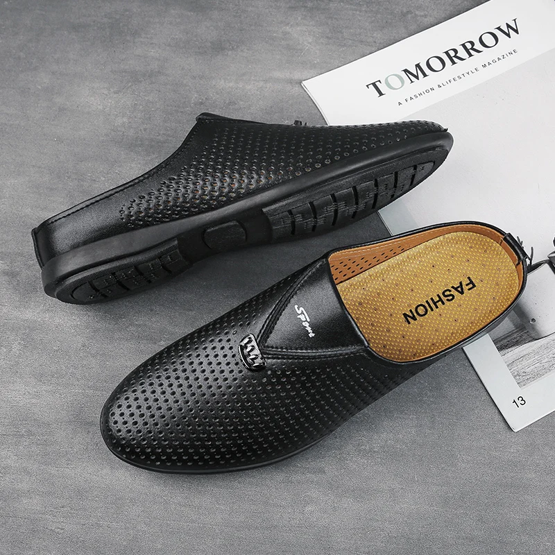 Luxury Designer Italian Men Half Shoes Leather Mens Casual Shoes Drop Ship Coiffeur Mules Man Slides Backless Loafers Slipper 4