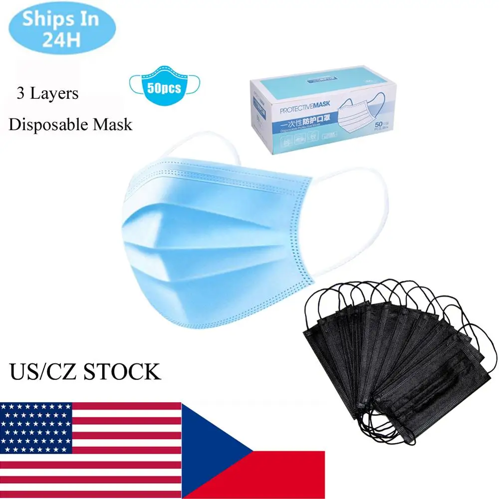 

Fast Delivery PM2.5 Mask 50pcs Face Mouth Mask Non Woven Fabric Disposable Earloop Black mask respirator White Nose Mask Cover