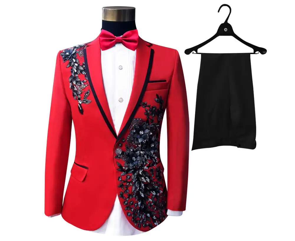 Jacket Pants Bowtie Мужские костюмы, платье, с блестками, с вышивкой, на одной пуговице, свадебный костюм, золотой и Красный смокинг, блейзер, брюки, галстук-бабочка, выпускной костюм, 4XL 5XL - Цвет: Jacket Pants Bowtie