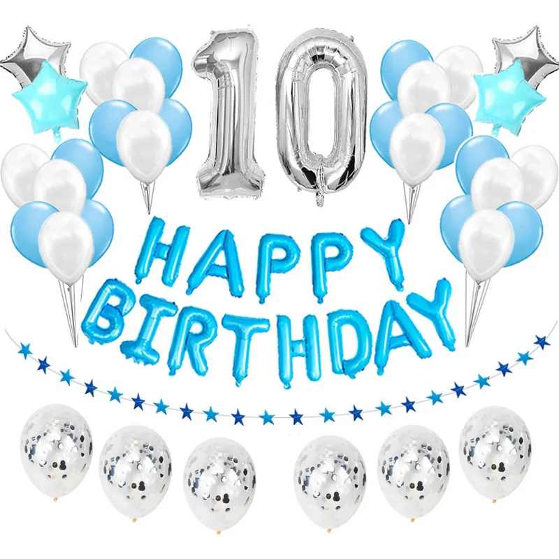 10 birthday 36 шт., серебристые, синие, праздничные украшения для дня рождения, Детские воздушные шары, набор для маленьких мальчиков, баллон, латексный, гелиевый воздух, воздушный шар из фольги, номер 1, 2, 5 - Цвет: 10 birthday