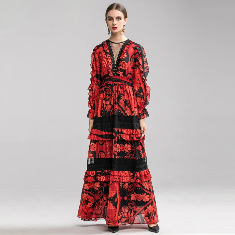 

VERDEJULIAY Runway Luxury Maxi Dress 2020 Autumn Winter High Qaulity Red Flower Print V-Neck Lantern Sleeve Long Party Dress