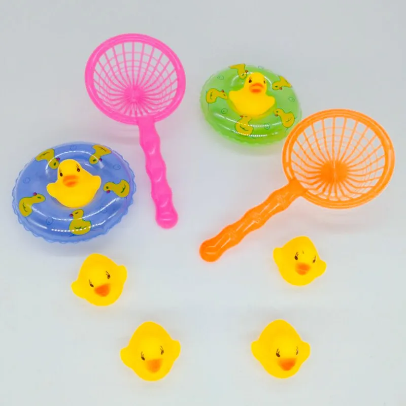 

4pcs/set Baby Washing Swimming Mini Swimming Rings Rubber Yellow Ducks Fishing Net Cute Floating Bath Toys for Baby Water Toy