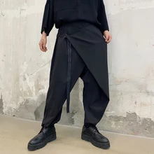 Для мужчин ленты сращивания Свободные повседневные Черные крест брюки Мужской Япония уличная хип хоп панк готический шаровары