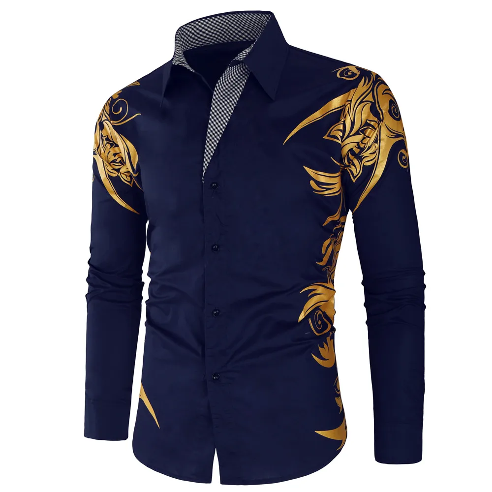 New Gold Bronzing Camisa Social Shirts Men Dress Slim Fit 2019 New Brand Long Sleeve Striped Shirt For Men Streetwear Shirts