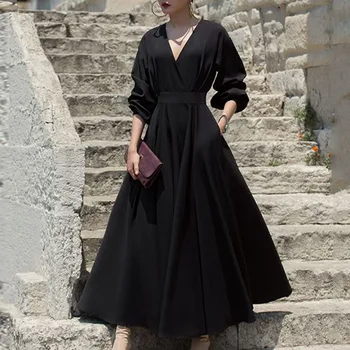 

Autumn Black Long Dress Women Solid Vintage Korean Office Ladies Boho High Waist Basic Pullover Ankle-Length Retro Robe Vestidos