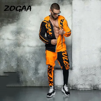 

ZOGAA 2020 Men's Sports Suit Hooded Letter Color Matching Personality Hip Hop Zip Cardigan Men's Sports Suit Hot Sale