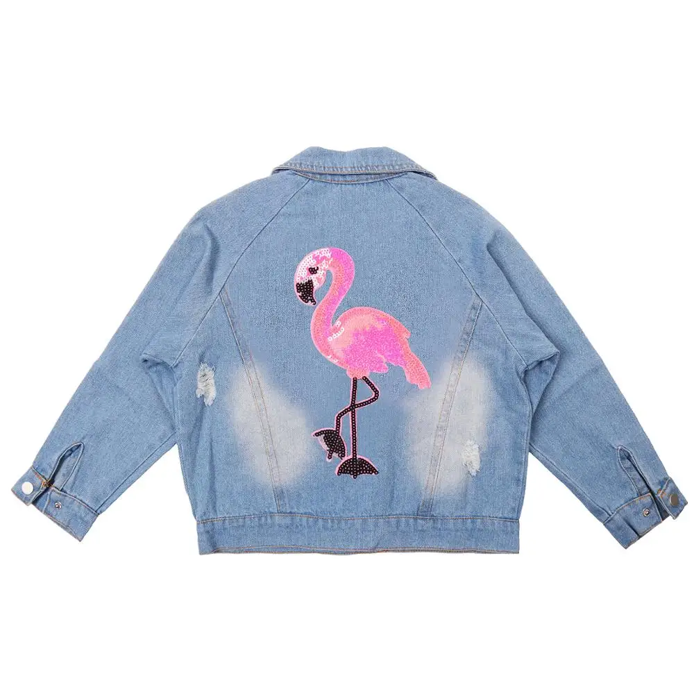 flamingo Для малышей, для девочек с единорогом Модная Джинсовая куртка для девочек куртка с пайетками осень-зима куртке уличная куртка - Цвет: flamingo