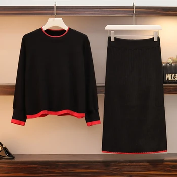 

New Women Skirt Suit Plus Size Autumn Winter Long Sleeve Thick Knitted Loose Pullovers + Pleated Skirt Set Fashion Two Piece Set
