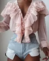 Осенняя женская элегантная шифоновая Повседневная рубашка, Женский стильный топ с оборками, одноцветная блузка с v-образным вырезом и оборками - Цвет: Розовый