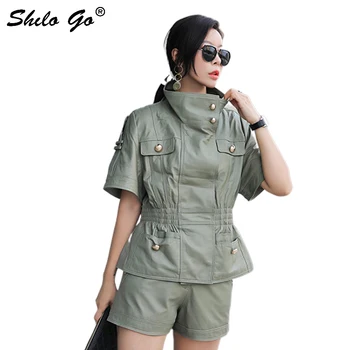 

Genuine Leather Coat Moto Button Turtleneck Collar Short Sleevel Jacket Coats Women Autumn Casual Solid Fit and Flare Outwear