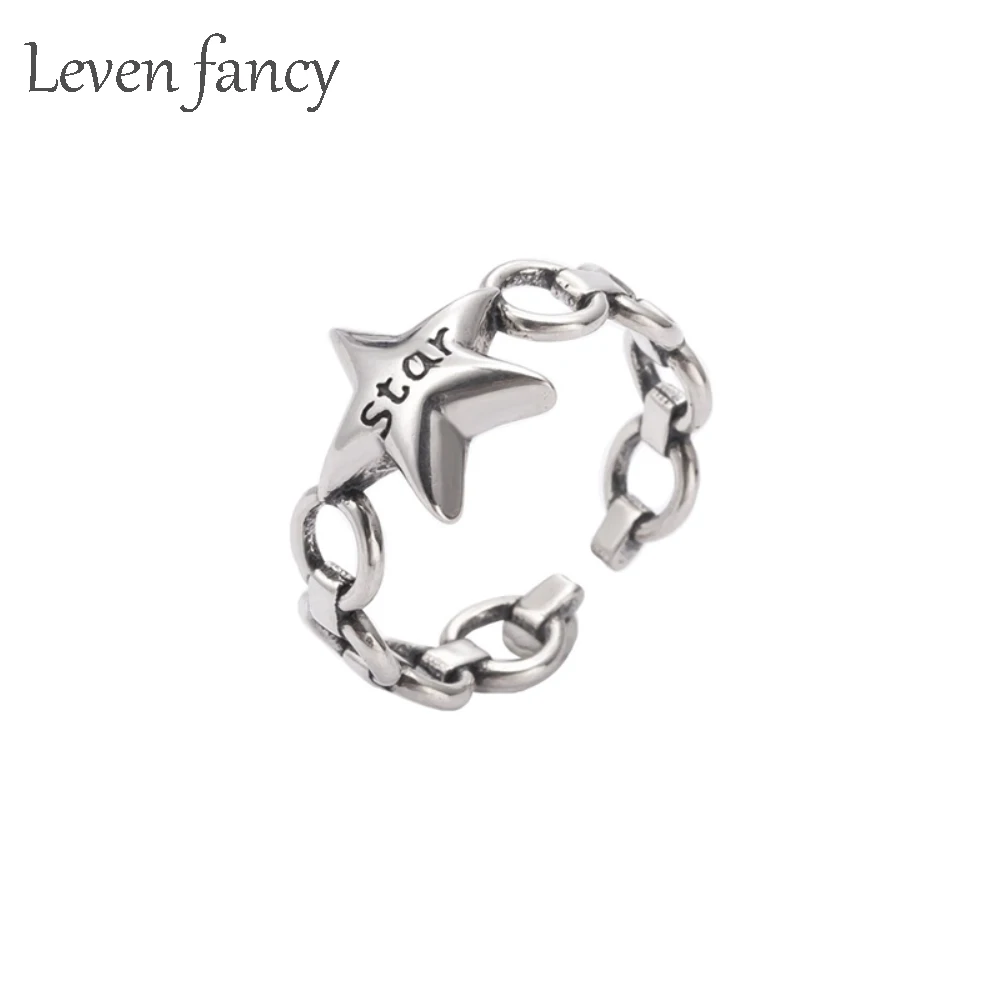 

S925 Link Chain Pentagram Star Single Ring Thai Silver 925 Sterling Open Vintage Star Ring for Women Men Hip Hop Jewelry Gifts
