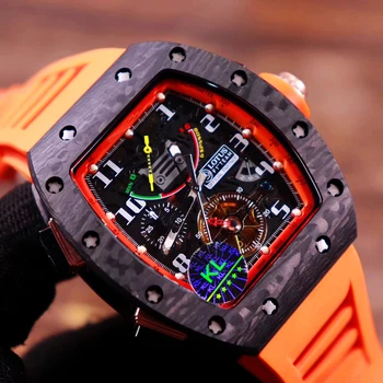 

Luxury Brand New Orange Black Rubber Men Watch Sapphire Glass Automatic Mechanical Carbon Fiber Skeleton Dial Watches Limited