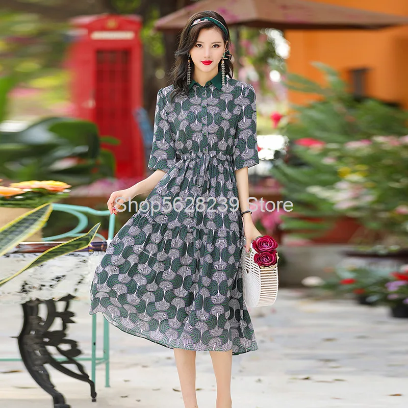 

Trembles Silk Dress 2020 Summer Middle Sleeve Lapel Printing Medium Length Money Big Pendulum Mulberry Silk Skirt