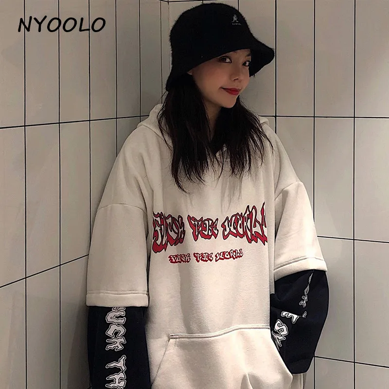 NYOOLO осень-зима, с буквенным принтом, имитация двух частей, пэчворк, свободный длинный рукав, с капюшоном, пуловеры, теплый флисовый свитер для женщин и мужчин