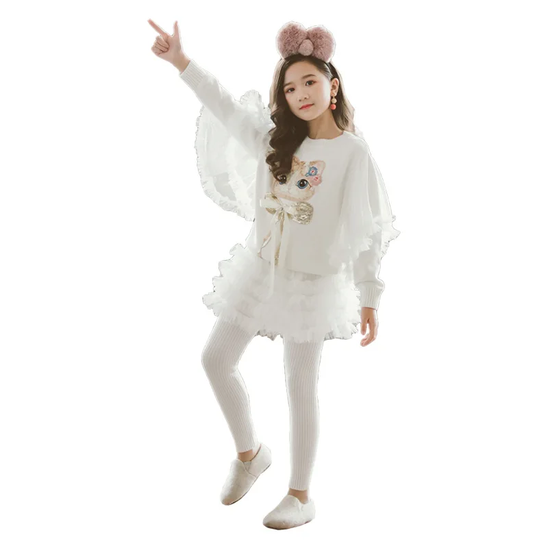 Новая зимняя детская одежда для девочек, комплект одежды для девочек, белый пуловер с рисунком кота, свитер+ Вязаные леггинсы, костюмы, весенние детские комплекты с юбкой - Цвет: white