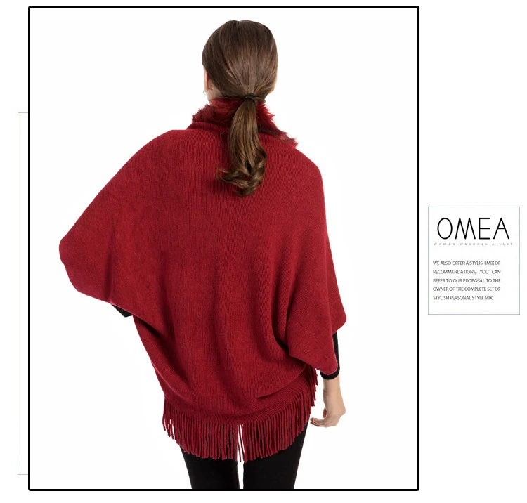 OMEA Fur Collar Poncho Women Winter Knitted Pullover Poncho with Tassel Women Shawl Solid Color Female Ponchos and Capes Ladies