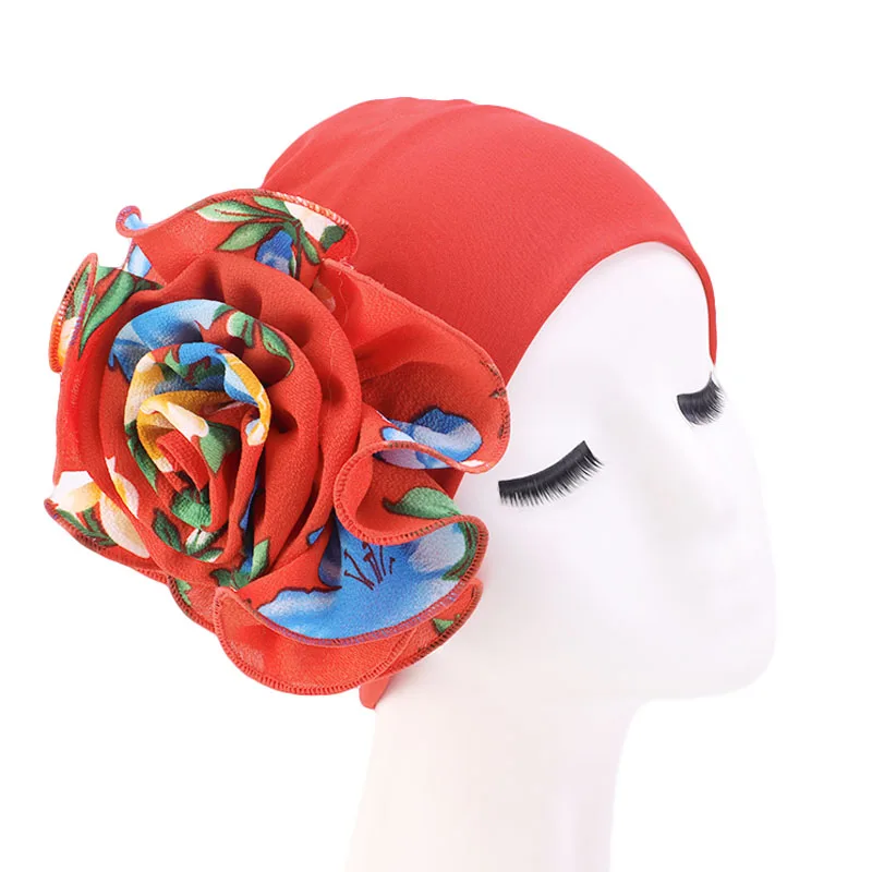 

Helisopus New King Flower Elastic Bonnet Cap African Turban Women Headscarf Hijab Wedding Party Cap Turbante Mujer Accessories