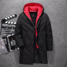 Мужской зимний утепленный холодный и ветрозащитный длинный пуховик свободного кроя на утином пуху, мужское высококачественное плотное теплое пуховое пальто с капюшоном