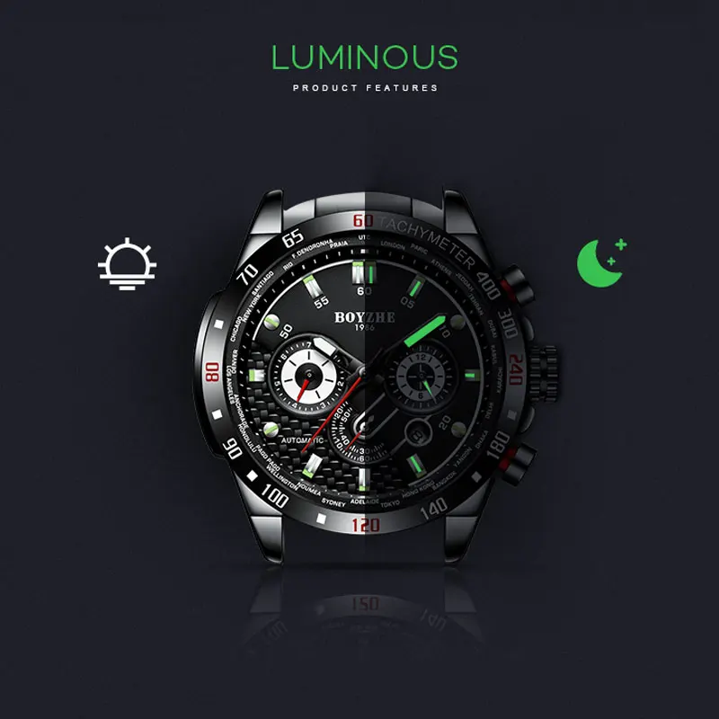 Новые черные стальные автоматические механические часы мужские спортивные часы многофункциональные роскошные часы мужские светящиеся часы водонепроницаемые
