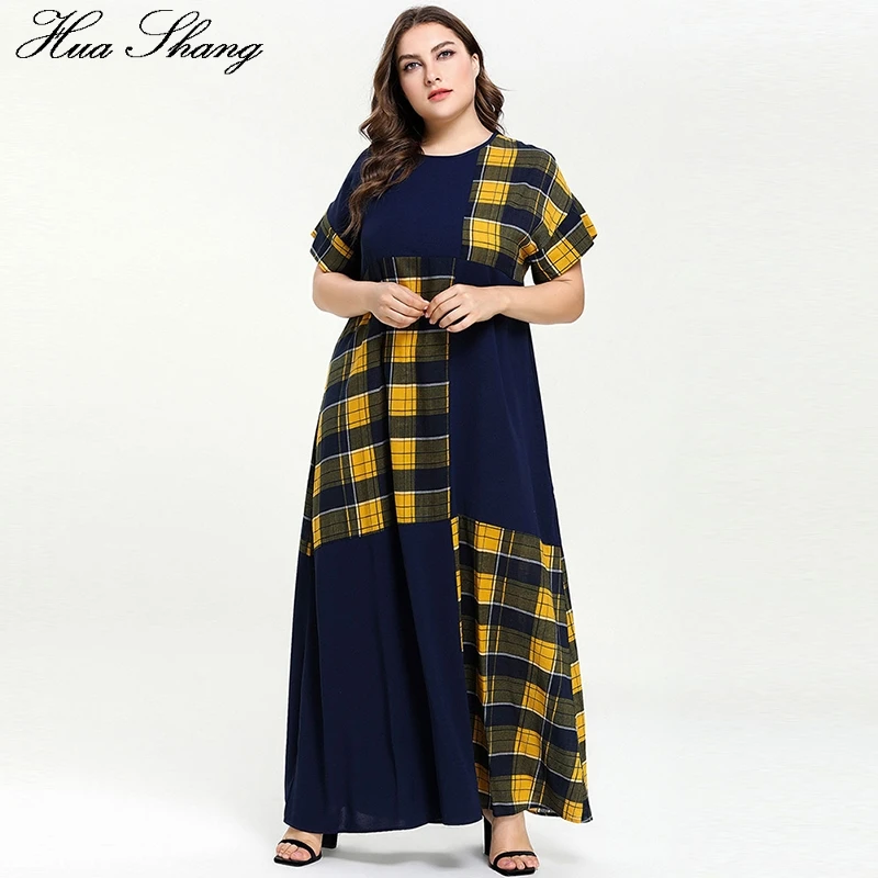 Plaid Contrast Color Elegant Dress Women Summer O Neck Short Sleeve Maxi Long Dress Plus Size Ladies Tunic Abayas Muslim Dresses