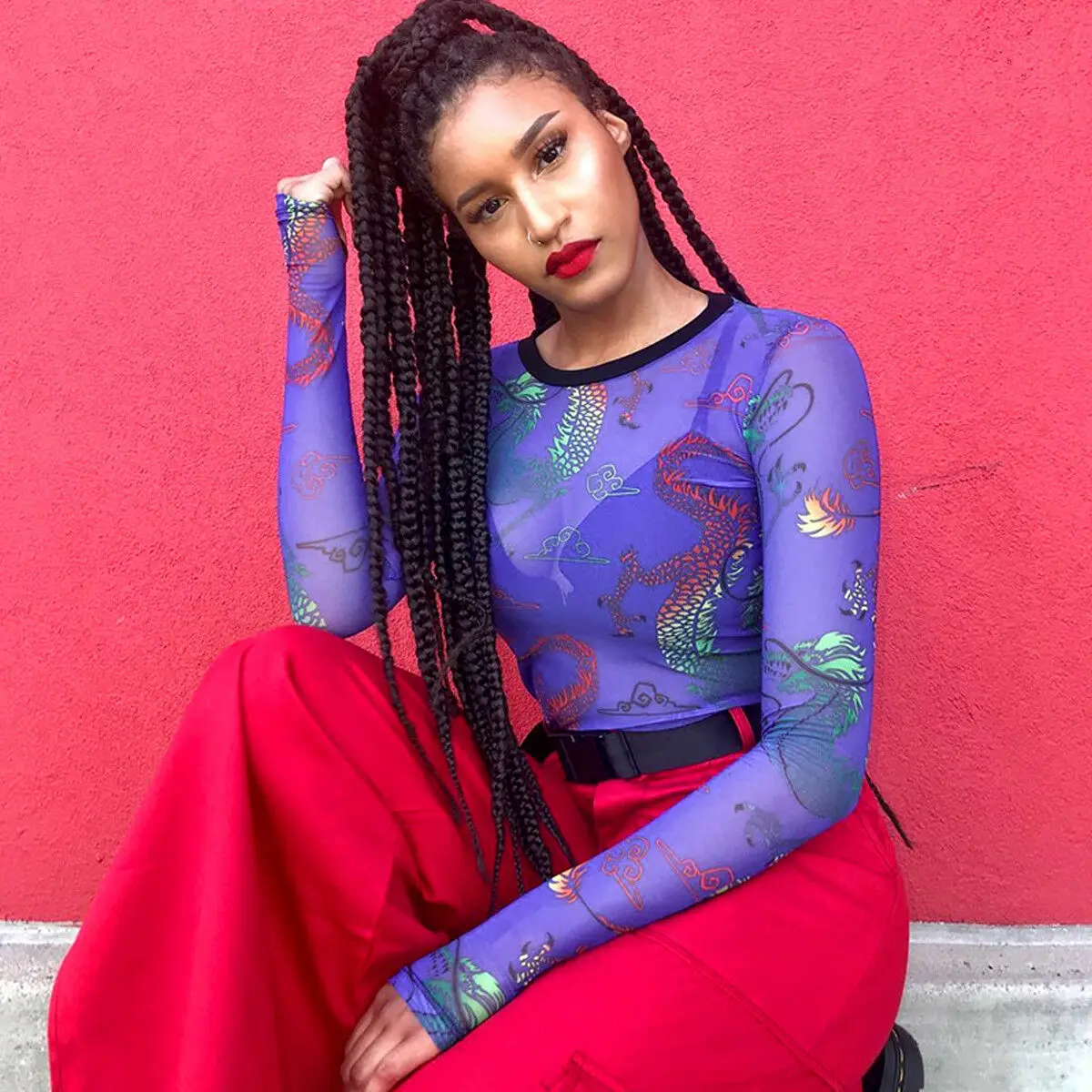 

1PC Finger Link Creative Long Sleeve Shirt Women Dragon Print Mesh T-Shirt Long Sleeve Tee Tops Transparent Slim Blouse