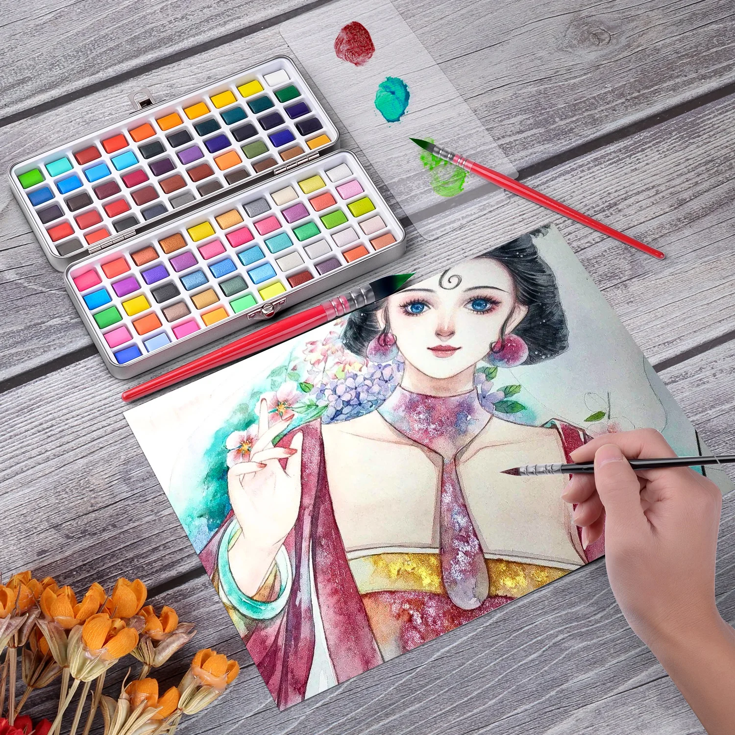 Conjunto de Pintura Metálico e Fluorescente de Pérolas Artes para Pintura em Água Sólida com 90 Aquarela Cores Contém Glitter - 100 16 Conjunto de pintura aquarela sólida com 90