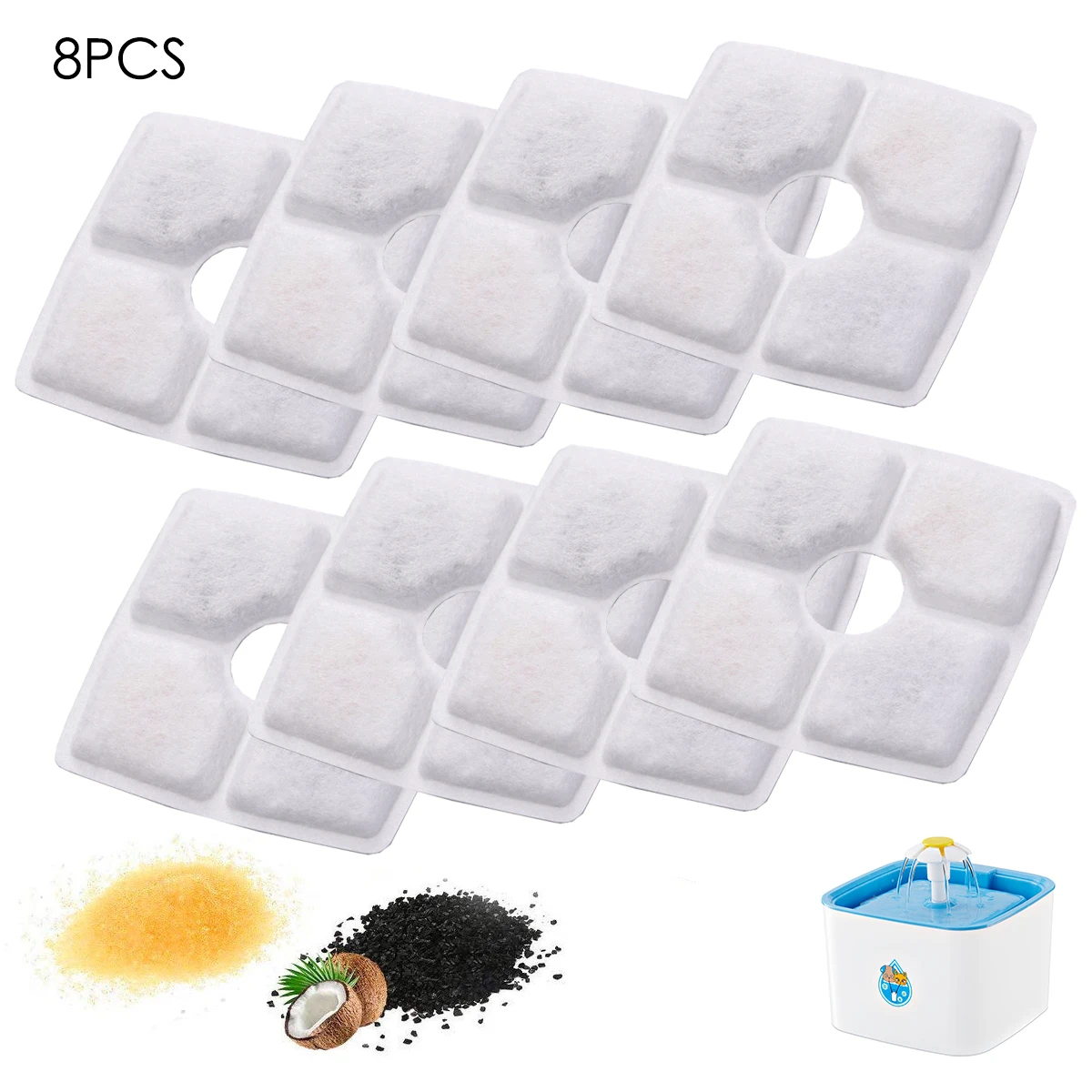 8 Pack Pet Water Fountain Filters Resin and Activated Carbon Square Filtration Replacement for Pet Drinking Flower Waterer