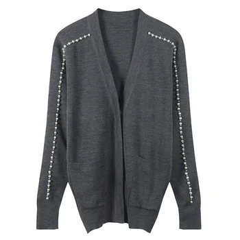 

Women Cardigan Loose V-Neck Pearl Beading Knitted Sweater Coat Pockets Top Oversized Long Sleeve Knitwear Spring Autumn Outwear