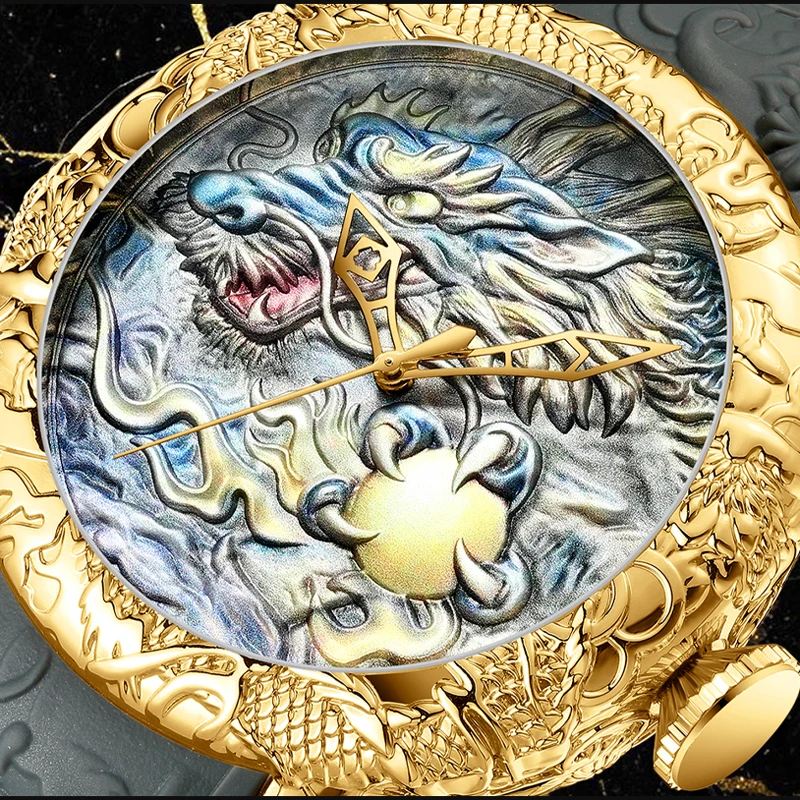 Модные тисненые золотые мужские часы с драконом топовые Роскошные брендовые