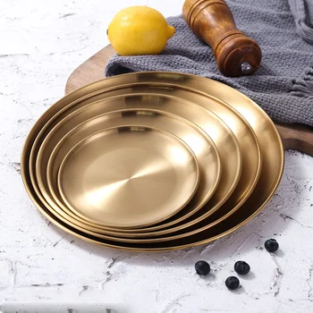 

2020 Popular European Style Dinner Plates Gold Dining Plate Serving Dishes Cake Tray Western Steak Round Tray Kitchen Plates