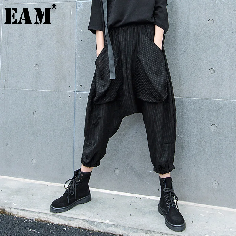 

[EAM] 2019 New Autumn Winter High Elastic Waist Loose Black Pocket Striped Split Joint Pants Women Trousers Fashion Tide JS439