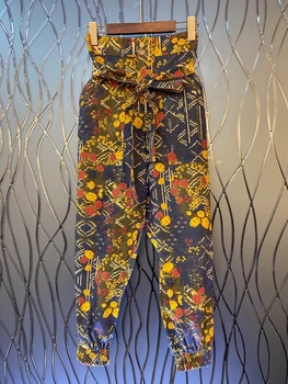 

2020 spring and summer new women's lace-up knotted waist printing color matching high waist long casual pants 621