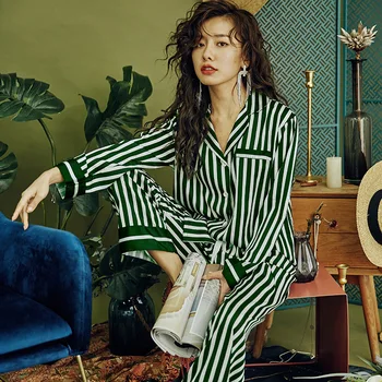 

Autumn Nightwear Green Stripe Women's 2 Pieces Pajamas Sets Silk Pyjamas Women Sexy Sleepwear Sets Homewear Gift Home Clothes