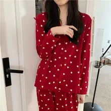 Fernan Christmas Pajama Set Women Autumn Pijama Heart Print Vintage Red Sleepwear Korean Pyjama Long Sleeve Lounge Wear Suit Pjs