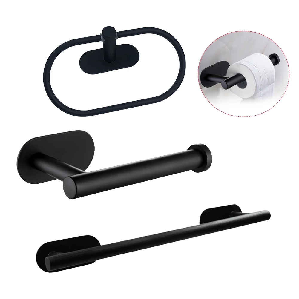 

3pcs Stainless Steel Toilet Paper Holder Rustproof Modern Towel Bar Ring Shower Self Adhesive Storage Home Bathroom Hardware Set